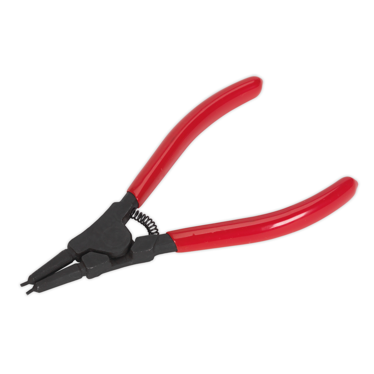 Sealey's Circlip Pliers External Straight Nose 140mm - AK84532, with red handles, black jaws, and a spring mechanism, are crafted from Chrome Vanadium steel for enhanced durability and corrosion resistance, making them perfect for gripping and manipulating objects.