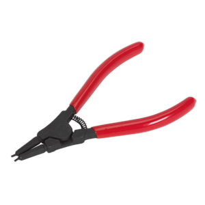 Sealey's Circlip Pliers External Straight Nose 140mm - AK84532, with red handles, black jaws, and a spring mechanism, are crafted from Chrome Vanadium steel for enhanced durability and corrosion resistance, making them perfect for gripping and manipulating objects.