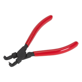 Image of Sealey's Circlip Pliers Internal Bent Nose 140mm - AK84533, featuring durable red handles made from Chrome Vanadium steel for enhanced durability and corrosion resistance. These pliers are ideal for gripping or cutting tasks in various types of work, such as electrical or mechanical jobs.