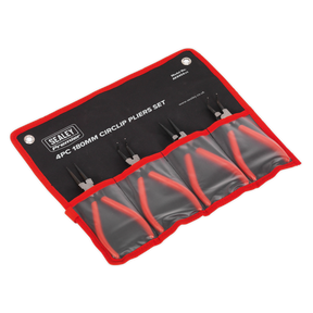 The Sealey Circlip Pliers Set 4pc 180mm - AK8454 features four Premier Hand Tools circlip pliers with red handles, stored in a black and red roll-up case. These pliers are crafted from Chrome Vanadium steel for exceptional corrosion resistance.
