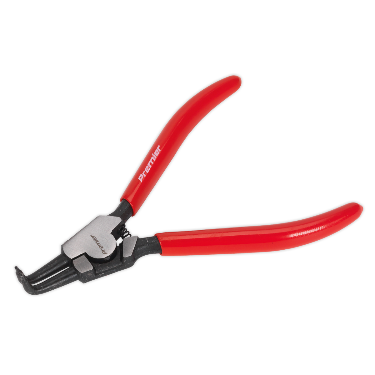 A pair of bent nose, external Circlip pliers with red handles and the Sealey brand logo, the AK84541 model from Premier Hand Tools features non-slip tips for ultimate precision and control.