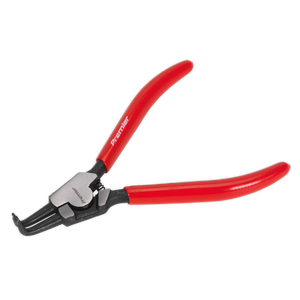 A pair of bent nose, external Circlip pliers with red handles and the Sealey brand logo, the AK84541 model from Premier Hand Tools features non-slip tips for ultimate precision and control.