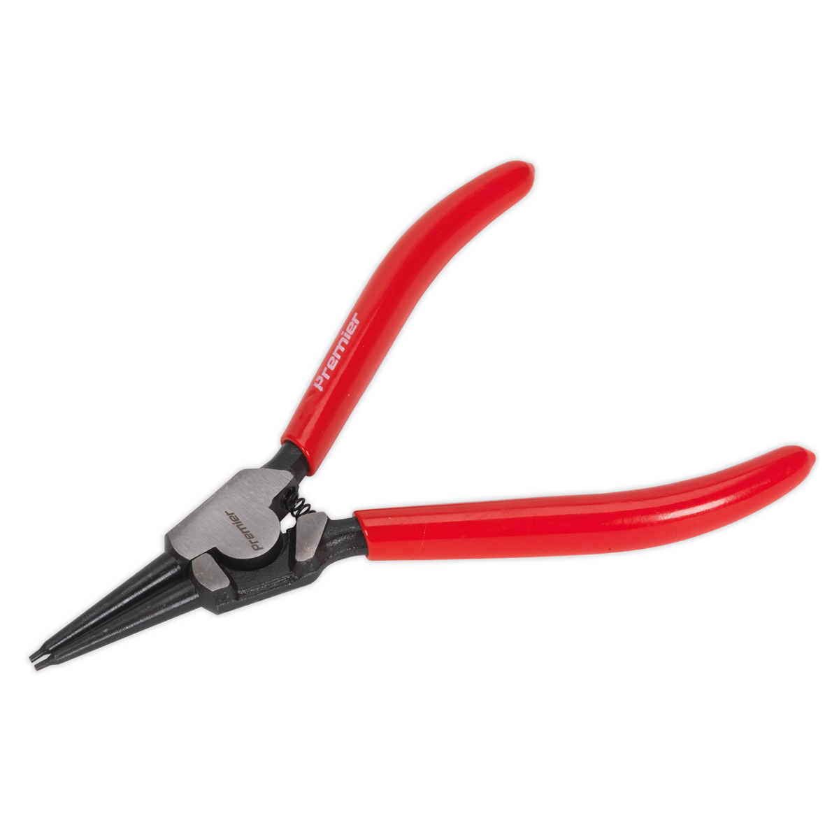 Introducing the Sealey Circlip Pliers External Straight Nose 180mm - AK84542, featuring extended thin metallic jaws crafted from Chrome Vanadium steel for exceptional corrosion resistance. Part of the Premier Hand Tools collection.