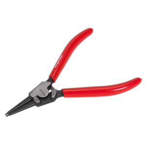 Introducing the Sealey Circlip Pliers External Straight Nose 180mm - AK84542, featuring extended thin metallic jaws crafted from Chrome Vanadium steel for exceptional corrosion resistance. Part of the Premier Hand Tools collection.