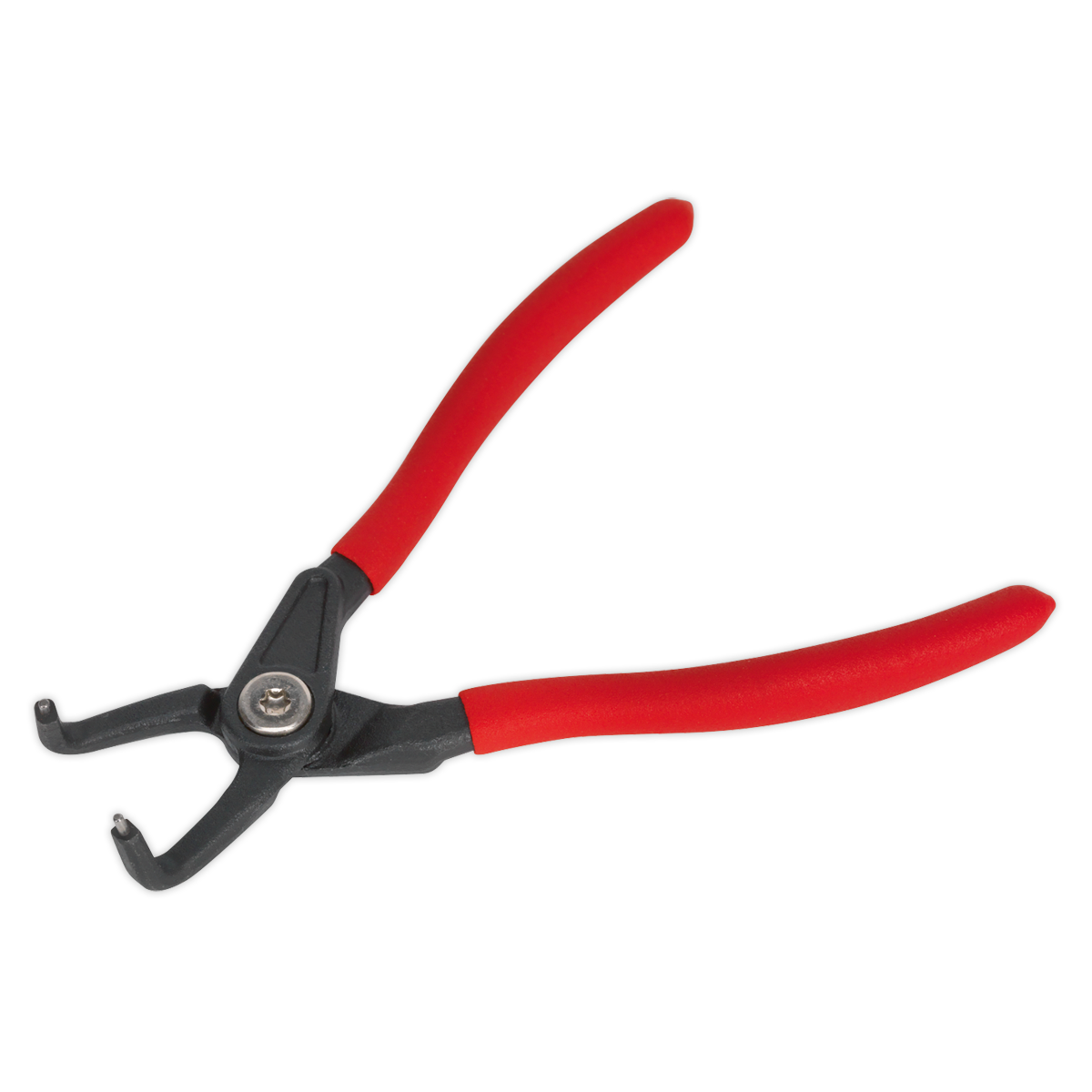 A pair of Sealey Circlip Pliers with a bent nose, measuring 170mm in length, featuring black snap rings and red handles. Crafted from high grade carbon steel for enhanced corrosion resistance, they are designed for both external and internal retaining rings.