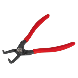 A pair of Sealey Circlip Pliers with a bent nose, measuring 170mm in length, featuring black snap rings and red handles. Crafted from high grade carbon steel for enhanced corrosion resistance, they are designed for both external and internal retaining rings.