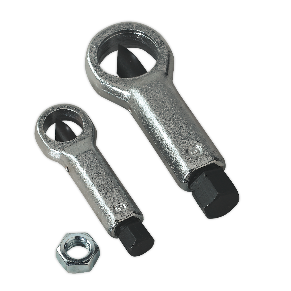 The Sealey Nut Splitter Set 2pc - AK84 comprises two high carbon steel extractors and a hex nut, featuring a hexagonal drive and spiral flutes designed for gripping bolts.