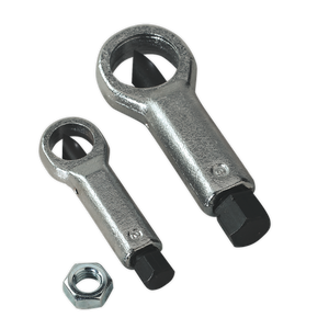 The Sealey Nut Splitter Set 2pc - AK84 comprises two high carbon steel extractors and a hex nut, featuring a hexagonal drive and spiral flutes designed for gripping bolts.