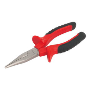 A pair of Sealey Long Nose Pliers 170mm - AK8506 with red and black ergonomic handles, crafted from durable Chrome Vanadium steel for reliability.