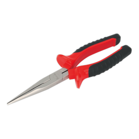 The Sealey Long Nose Pliers 215mm - AK8508, made from Chrome Vanadium steel with a red and black handle, ensures durability and precision as part of the Premier Hand Tools collection.