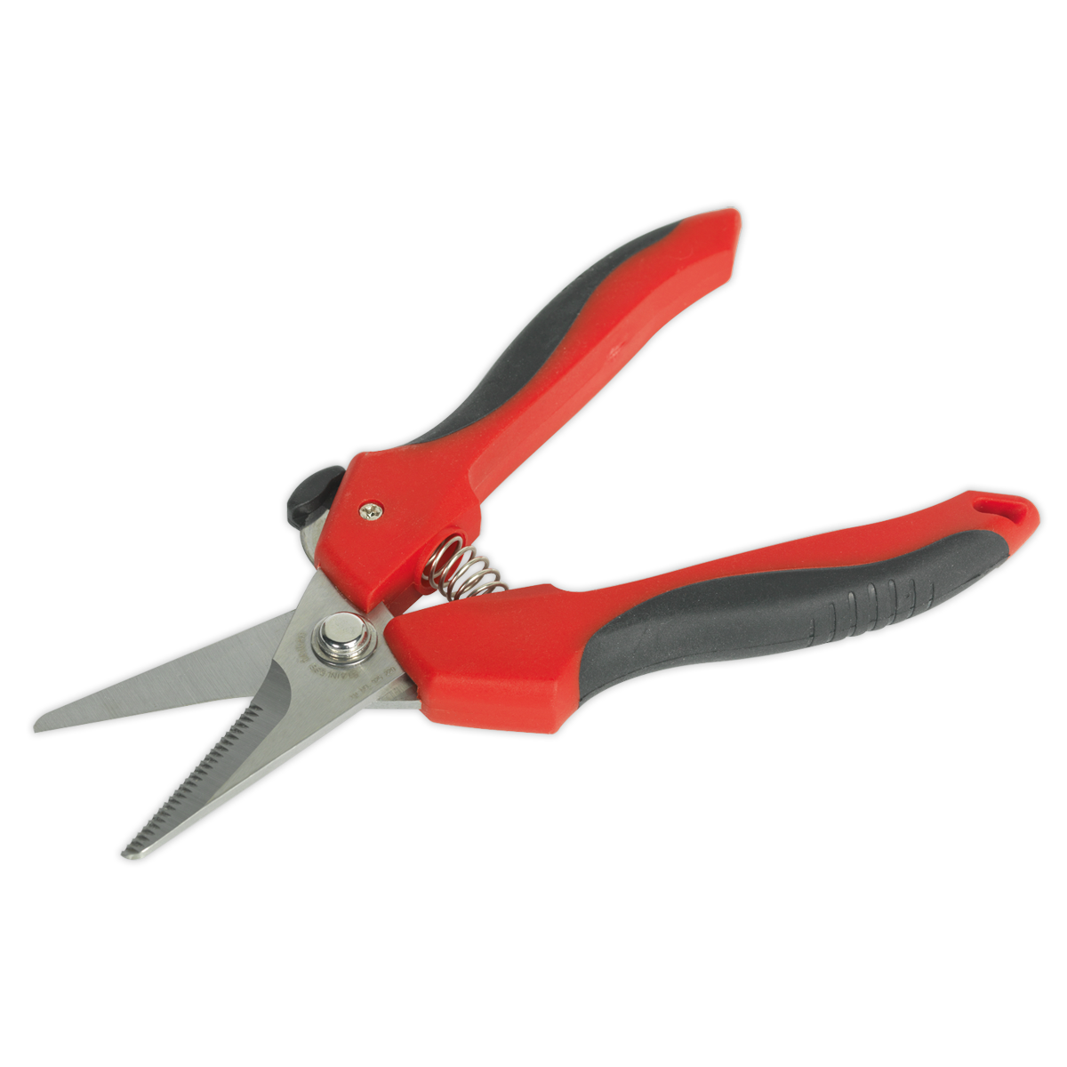 The Universal Shears 190mm - AK8525 from Sealey are a pair of red and black garden pruning shears featuring a spring mechanism and serrated blades. Crafted from Japanese stainless steel, these professional hand tools ensure a superior cutting edge, offering precision and durability in every cut.