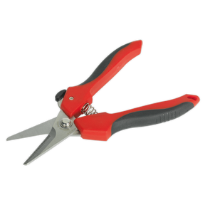 The Universal Shears 190mm - AK8525 from Sealey are a pair of red and black garden pruning shears featuring a spring mechanism and serrated blades. Crafted from Japanese stainless steel, these professional hand tools ensure a superior cutting edge, offering precision and durability in every cut.