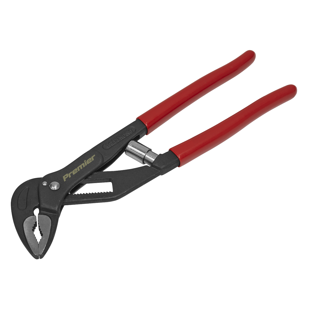 A pair of Sealey Water Pump Pliers 250mm Self-Adjusting - AK8531, made from Chrome Vanadium steel and featuring adjustable red handles.