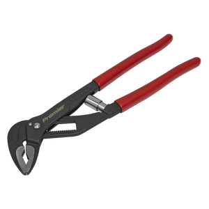 A pair of Sealey Water Pump Pliers 250mm Self-Adjusting - AK8531, made from Chrome Vanadium steel and featuring adjustable red handles.