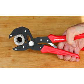 A hand holding Sealey branded multi-grip self-adjusting pliers, model AK8536, with adjustable jaws, gripping a metal bolt against a wooden surface.