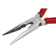 A pair of Sealey Long Nose Pliers 170mm - AK8562 with red handles and the brand name, "Sealey," engraved on the durable Chrome Vanadium steel.