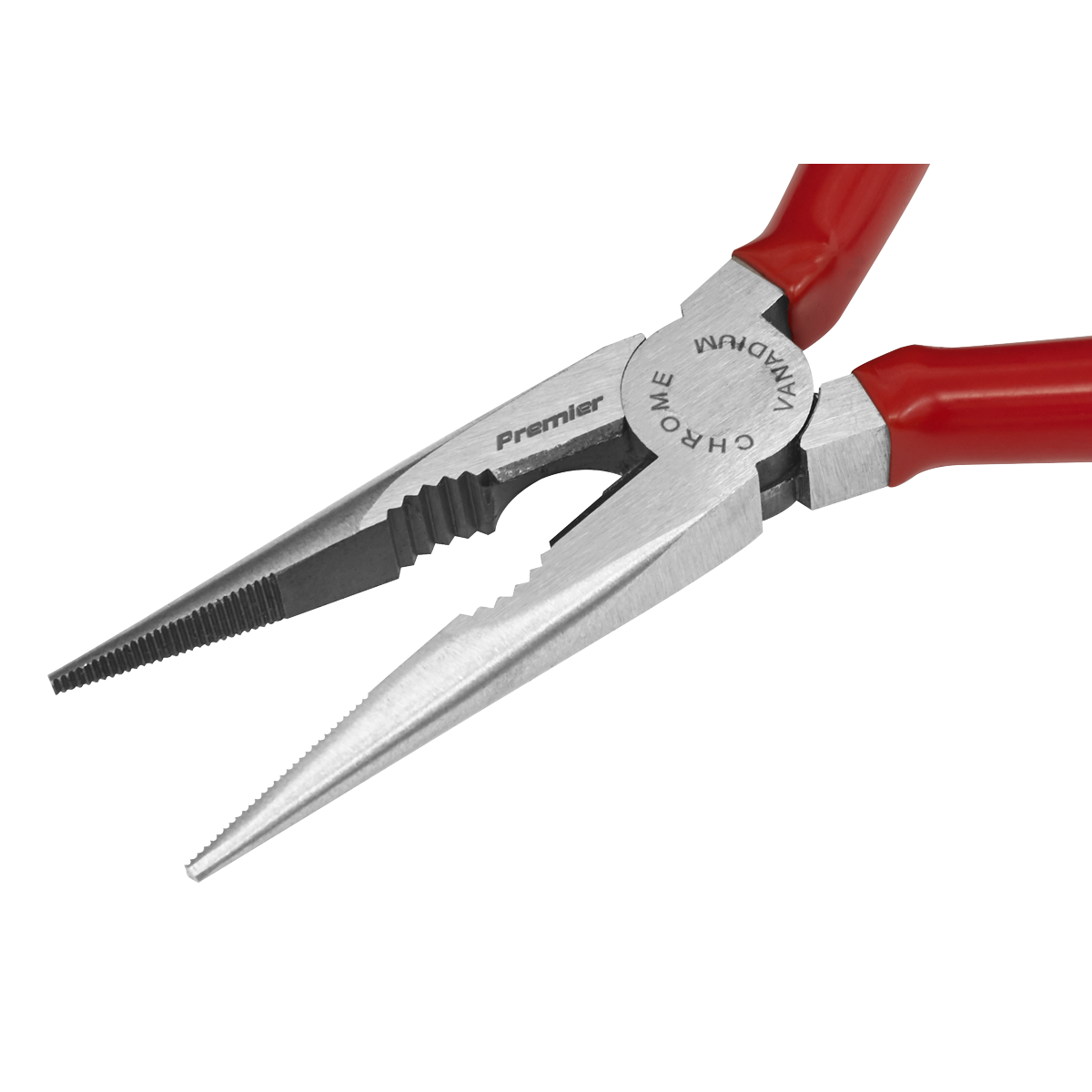 A pair of Sealey Long Nose Pliers 170mm - AK8562 with red handles and the brand name, "Sealey," engraved on the durable Chrome Vanadium steel.