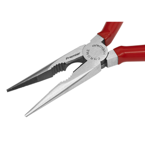 A pair of Sealey Long Nose Pliers 170mm - AK8562 with red handles and the brand name, "Sealey," engraved on the durable Chrome Vanadium steel.