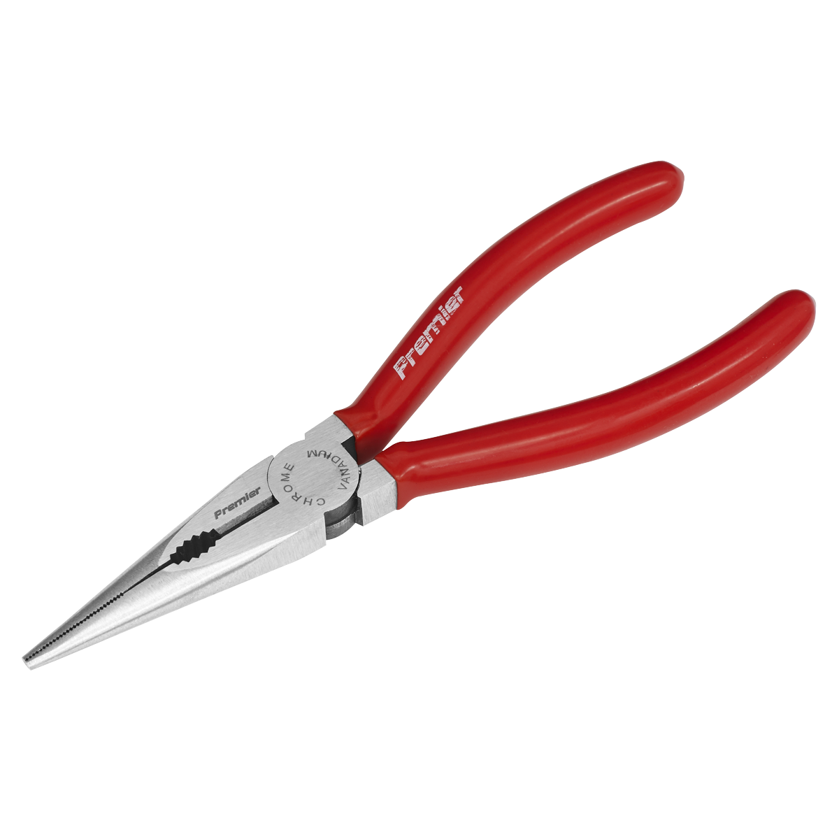 A pair of Sealey Long Nose Pliers 170mm - AK8562 with red handles, featuring serrated jaws crafted from durable Chrome Vanadium steel against a white background.