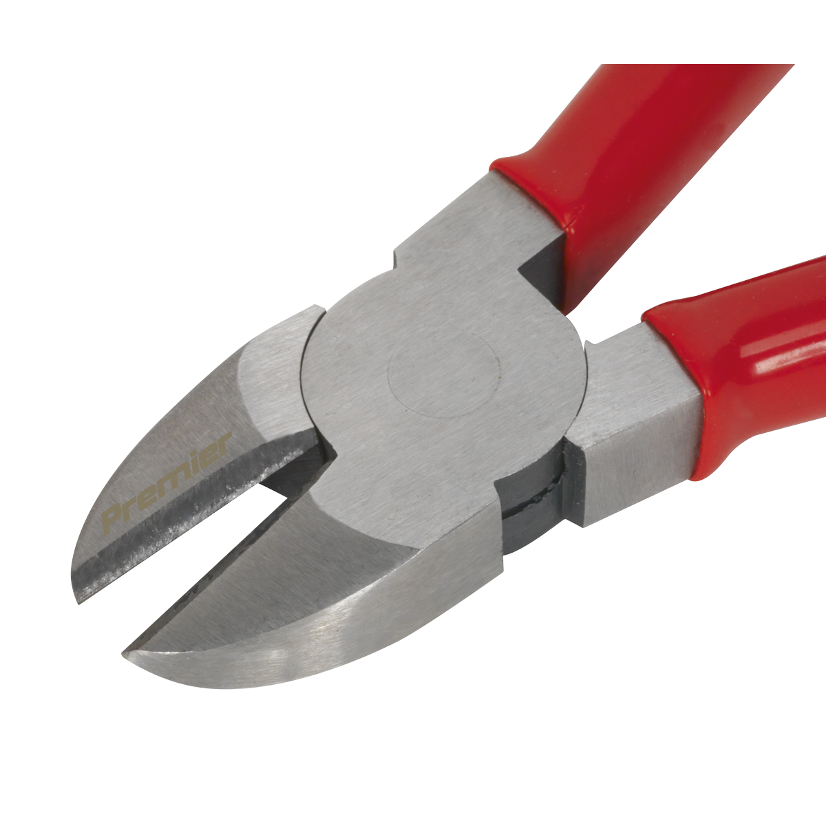 A close-up image of a pair of metal side cutters with red handles, featuring a semi-circular blade and the brand name "Sealey" engraved on one of the Chrome Vanadium steel jaws. The product is identified as Side Cutters 160mm - AK8565.