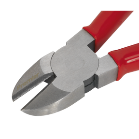 A close-up image of a pair of metal side cutters with red handles, featuring a semi-circular blade and the brand name "Sealey" engraved on one of the Chrome Vanadium steel jaws. The product is identified as Side Cutters 160mm - AK8565.