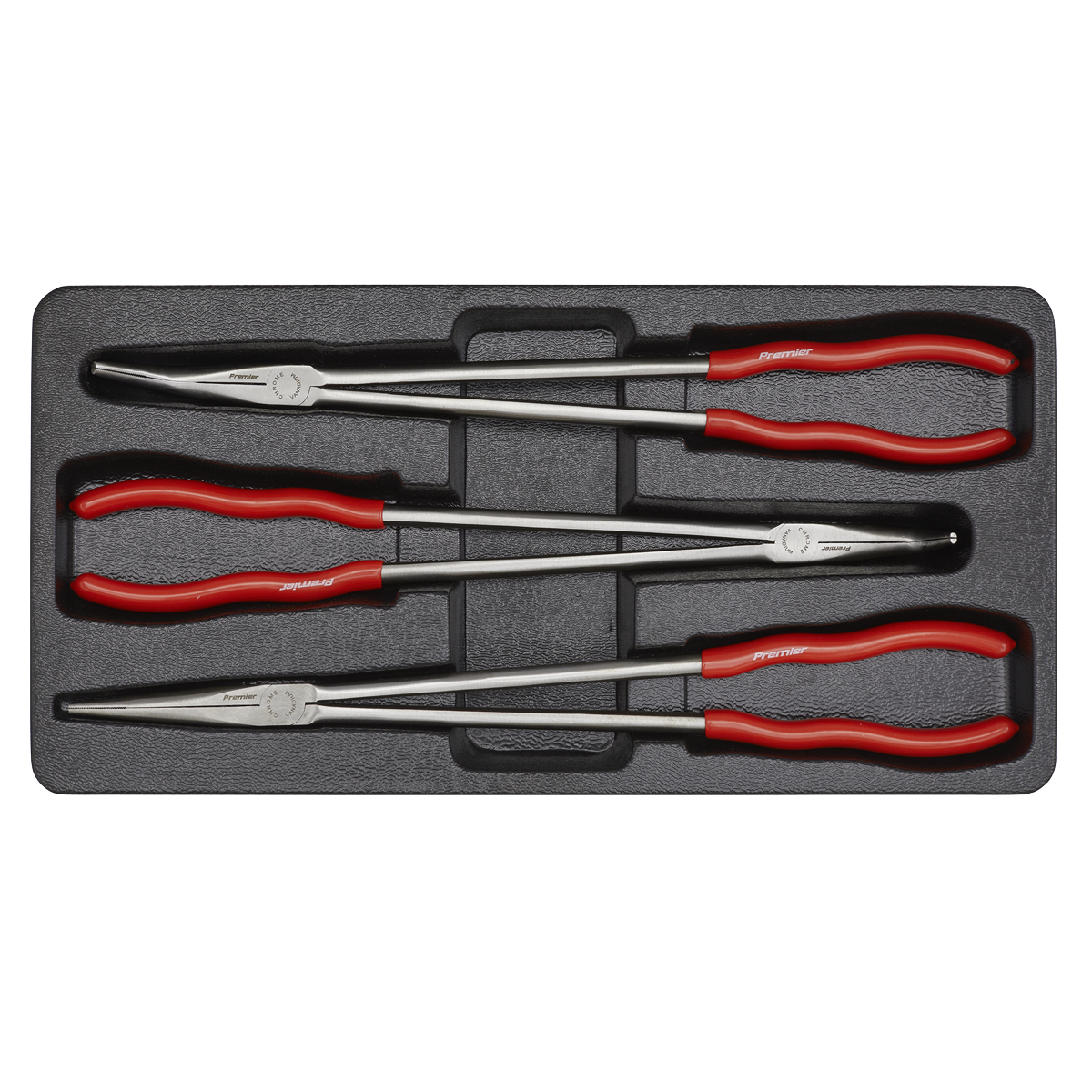 A set of three extra-long 400mm needle nose pliers with straight and bent tips, featuring red handles and made from durable Chrome Vanadium steel by Sealey.