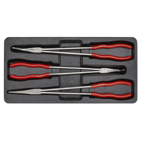 A set of three extra-long 400mm needle nose pliers with straight and bent tips, featuring red handles and made from durable Chrome Vanadium steel by Sealey.