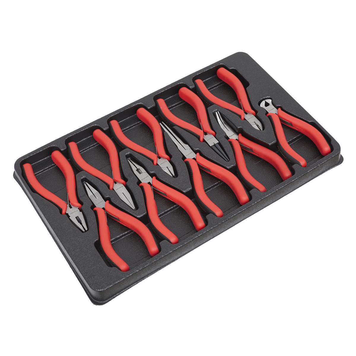 The Sealey Mini Pliers Set 10pc - AK8578 comes in a black foam tray, holding the high carbon steel red-handled pliers perfectly arranged in two rows.