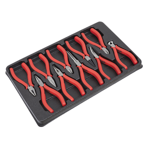 The Sealey Mini Pliers Set 10pc - AK8578 comes in a black foam tray, holding the high carbon steel red-handled pliers perfectly arranged in two rows.