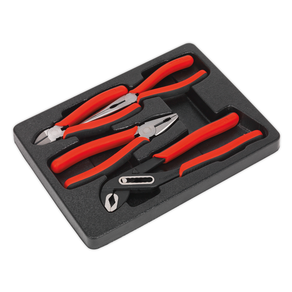 The Sealey Pliers Set 4pc - AK8579 includes four red-handled pliers in a black foam storage case, ideal for professional use. This high-quality set features needle-nose pliers, combination pliers, diagonal cutting pliers, and slip-joint pliers, all crafted from durable Chrome Vanadium steel.