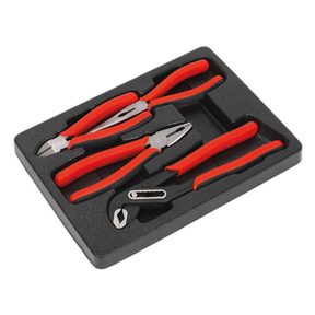 The Sealey Pliers Set 4pc - AK8579 includes four red-handled pliers in a black foam storage case, ideal for professional use. This high-quality set features needle-nose pliers, combination pliers, diagonal cutting pliers, and slip-joint pliers, all crafted from durable Chrome Vanadium steel.