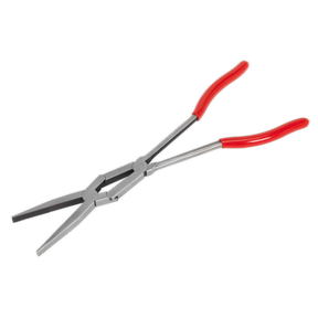 The Sealey Flat Nose Pliers Double Joint Long Reach 335mm (AK8590) feature silver metal jaws and red handles with a double-jointed design for enhanced precision. Made from durable Chrome Vanadium steel, these Premier Hand Tools ensure reliability and strength for all your projects.