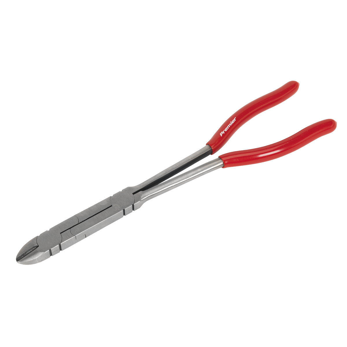 The Sealey Side Cutters Double Joint Long Reach 290mm (AK8593) is a long-handled plier with red, curved grips, made from Chrome Vanadium steel and featuring precision ground cutting edges near the tip for gripping and cutting tasks.