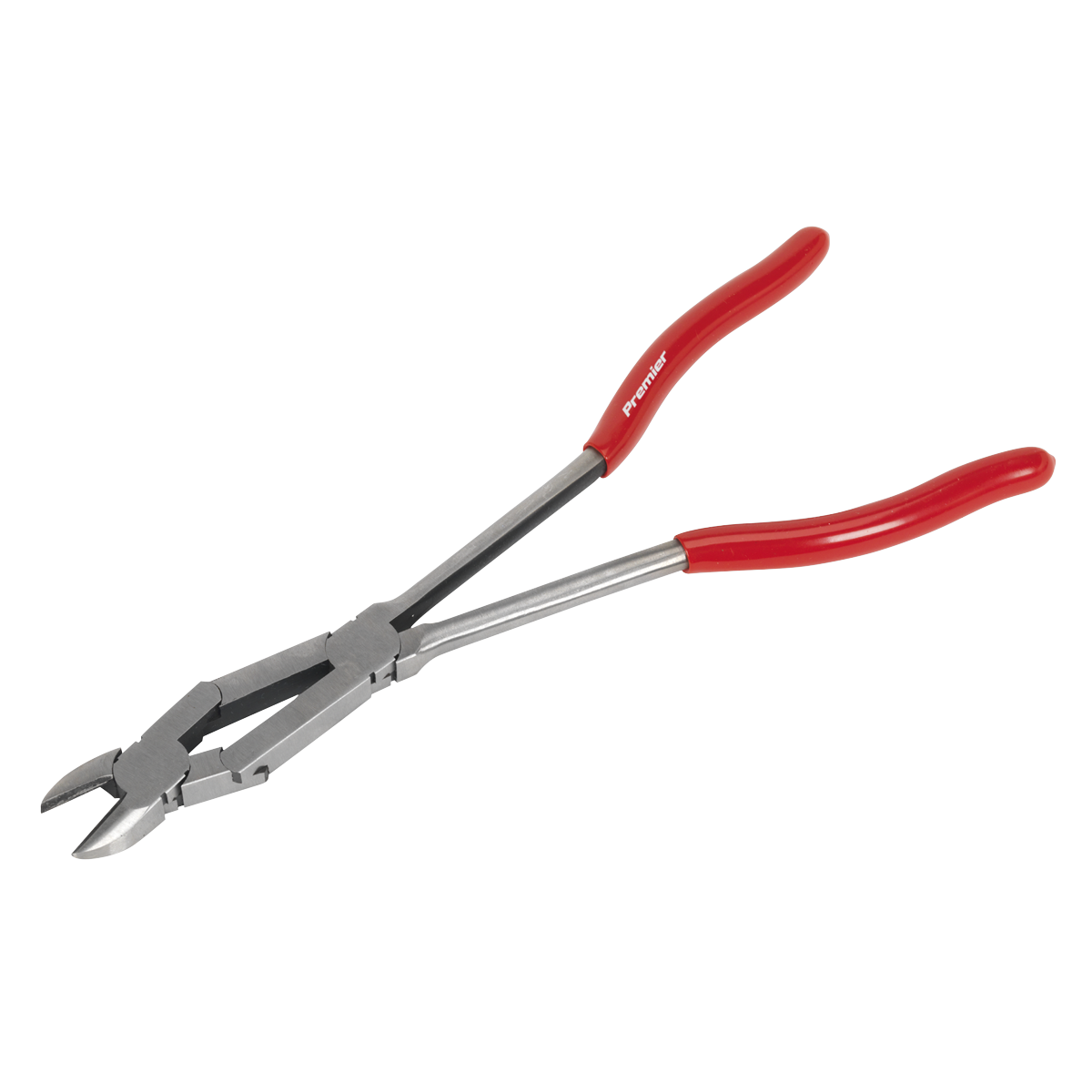 The Sealey Side Cutters Double Joint Long Reach 290mm - AK8593 feature red handles and a metallic gripping head, crafted from durable Chrome Vanadium steel. These precision tools from Premier Hand Tools are designed with precision ground cutting edges, ensuring exceptional performance for detailed tasks.