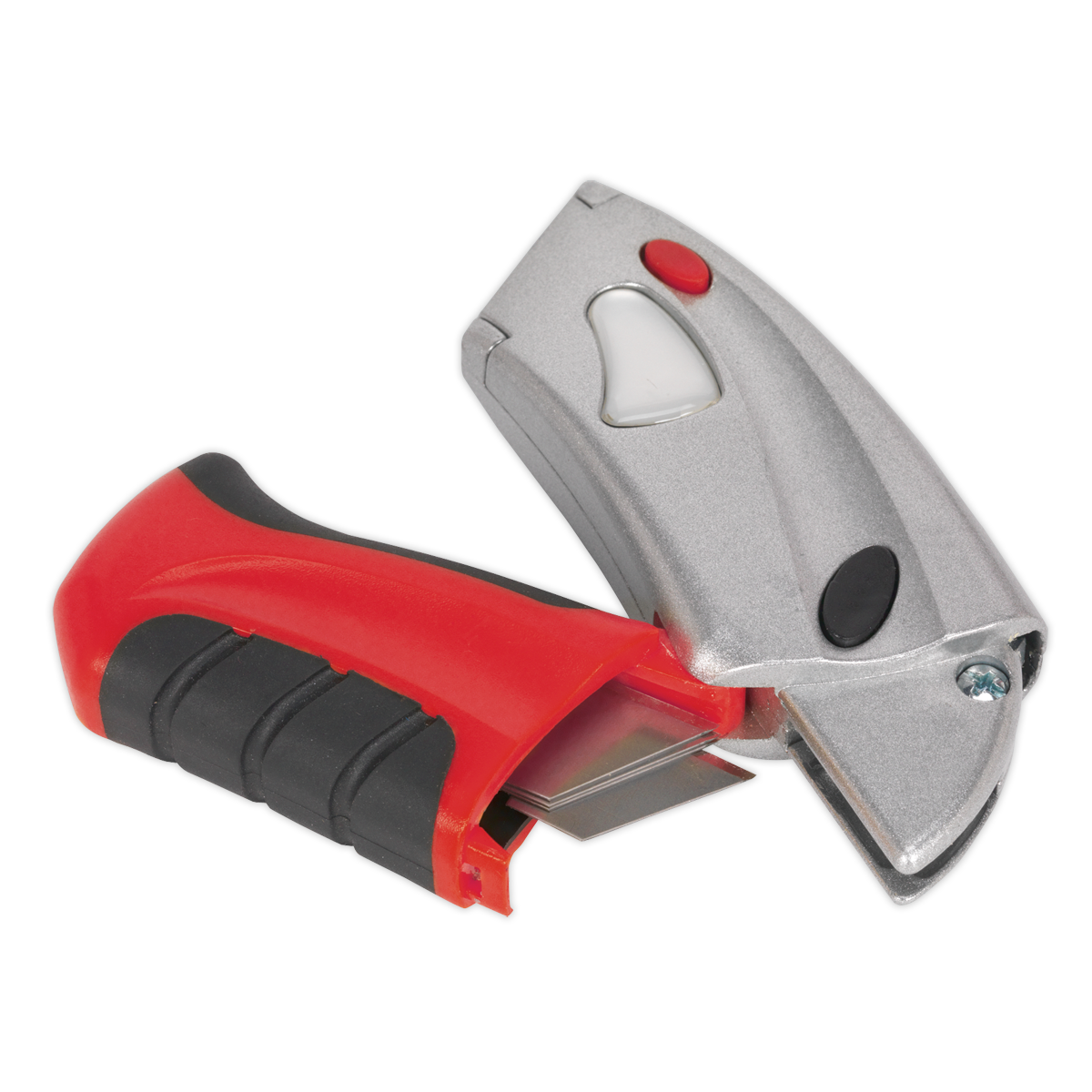 A Sealey Retractable Utility Knife Quick Change Blade - AK8603 in silver, featuring a red and black handle, partially open to reveal the zinc alloy steel blade.