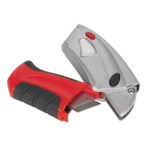 A Sealey Retractable Utility Knife Quick Change Blade - AK8603 in silver, featuring a red and black handle, partially open to reveal the zinc alloy steel blade.