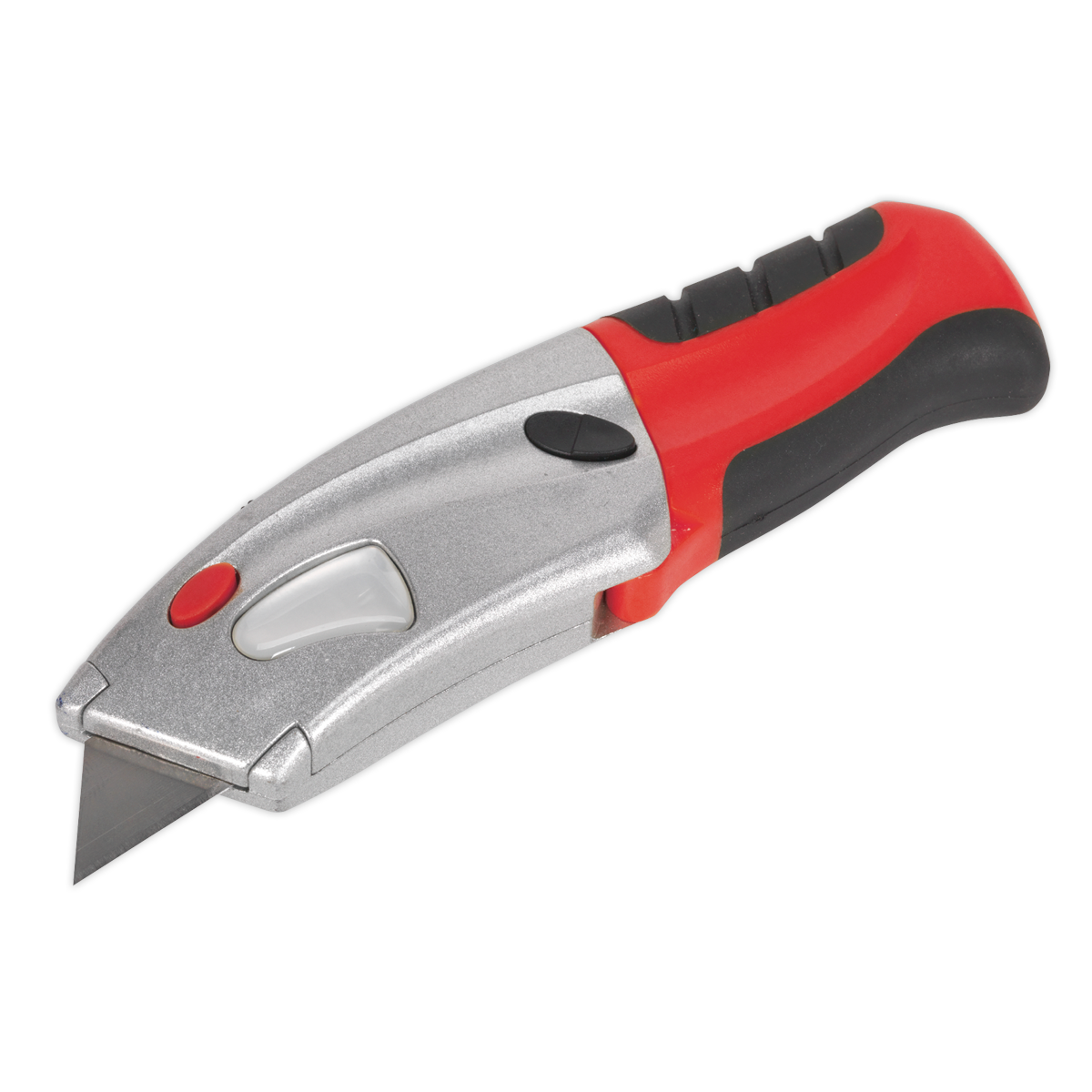 The Sealey Retractable Utility Knife Quick Change Blade (AK8603) features a zinc alloy steel silver blade, a red and black handle, and a convenient push-button blade release mechanism.