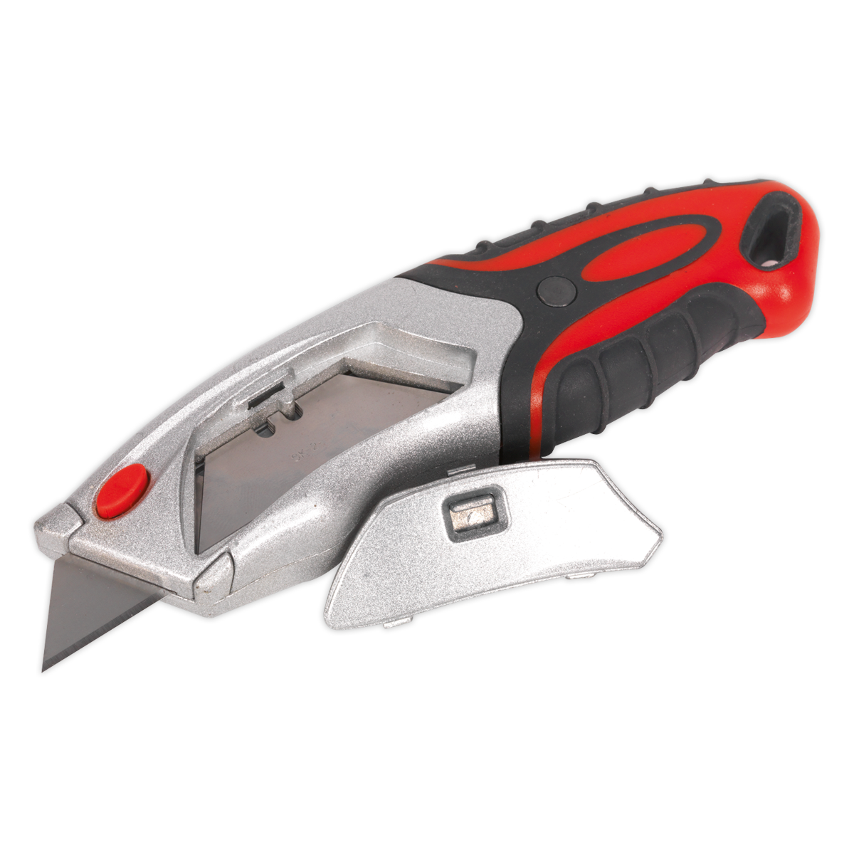 The Sealey Retractable Utility Knife Auto-Load - AK8604 boasts heavy-duty zinc alloy steel construction and a red and black ergonomic handle. It features a retractable blade and includes a spare blade placed beside it, making this premier hand tool perfect for durability and ease of use.