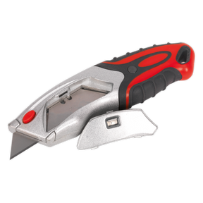 The Sealey Retractable Utility Knife Auto-Load - AK8604 boasts heavy-duty zinc alloy steel construction and a red and black ergonomic handle. It features a retractable blade and includes a spare blade placed beside it, making this premier hand tool perfect for durability and ease of use.