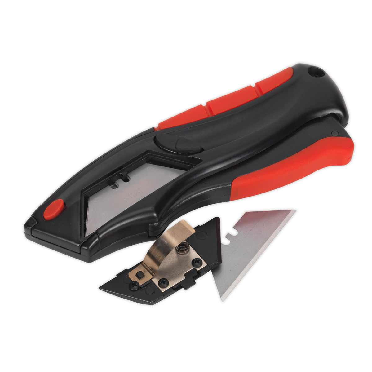 A Sealey Utility Knife Auto-Loading Squeeze Action - AK8607, with a black and red handle and an auto-loading mechanism, shown with a detached blade.