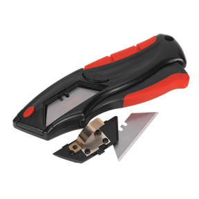 A Sealey Utility Knife Auto-Loading Squeeze Action - AK8607, with a black and red handle and an auto-loading mechanism, shown with a detached blade.