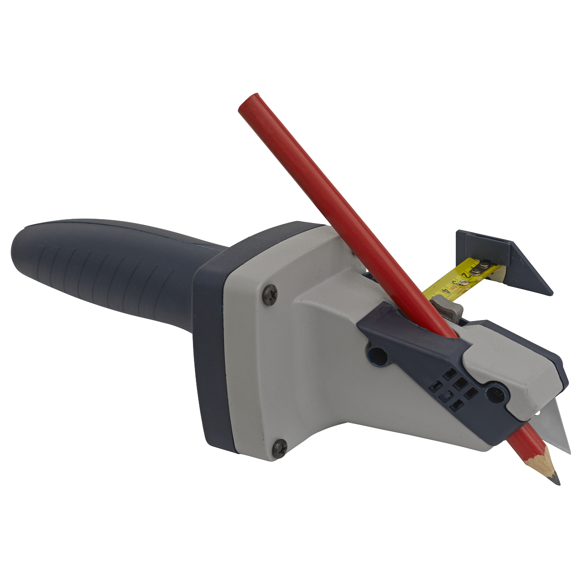 The Plasterboard Cutter - AK860CT by Sealey is a manual hand tool that sharpens a red pencil and features a grey and black handle, along with a built-in measuring guide similar to a tape measure, and an angled blade.