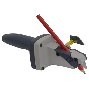 The Plasterboard Cutter - AK860CT by Sealey is a manual hand tool that sharpens a red pencil and features a grey and black handle, along with a built-in measuring guide similar to a tape measure, and an angled blade.