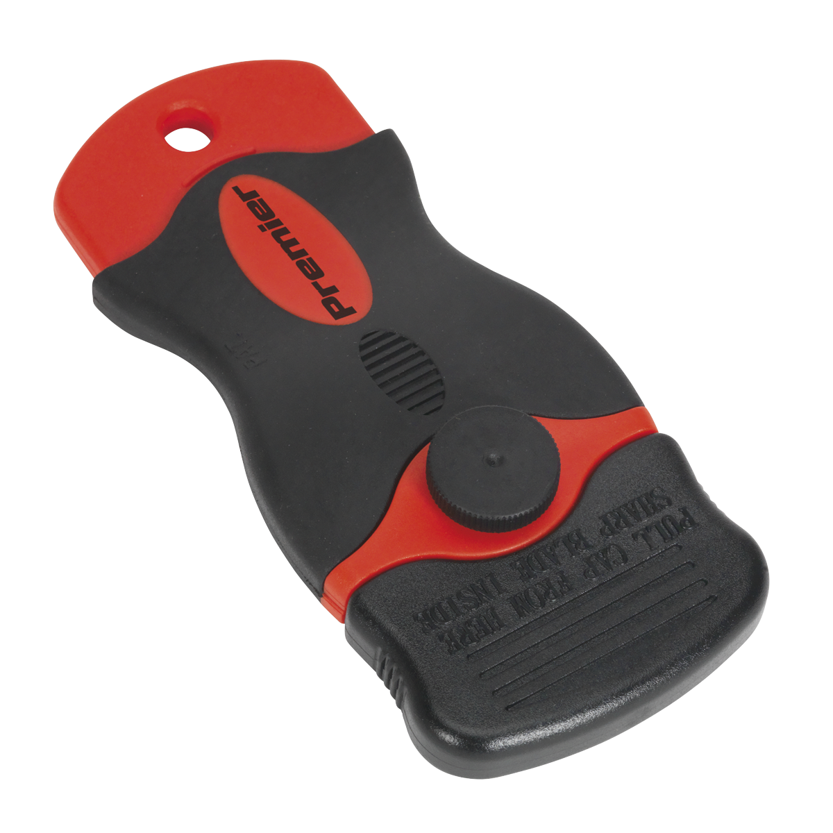 With a removable blade, this Razor Scraper with Comfort Grip from Sealey (AK8652) is perfect for removing labels. The red section of the black and red handheld scraper displays the word "Premier," and it features an ergonomic grip for comfortable use. Available in a display box of 12.