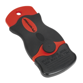 With a removable blade, this Razor Scraper with Comfort Grip from Sealey (AK8652) is perfect for removing labels. The red section of the black and red handheld scraper displays the word "Premier," and it features an ergonomic grip for comfortable use. Available in a display box of 12.