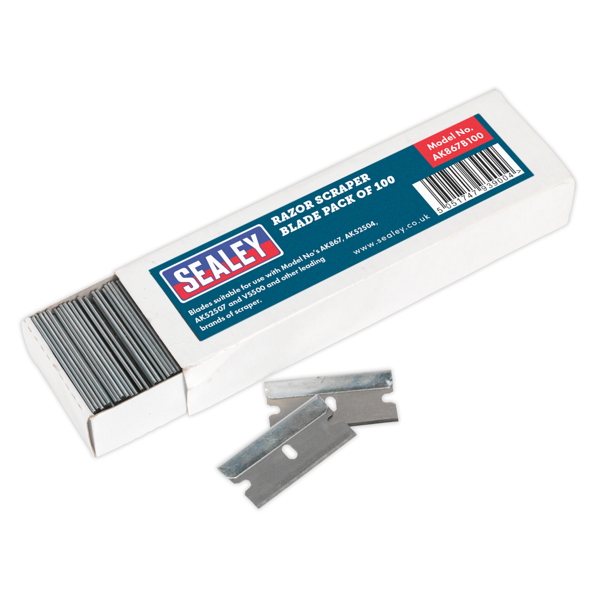 Box of Sealey Razor Scraper Blade Pack of 100 - AK867B100. The box is open, revealing multiple scraper blades stacked inside, with two placed in front. The box is labeled "Razor Scraper Blade Pack of 100 - AK867B100.