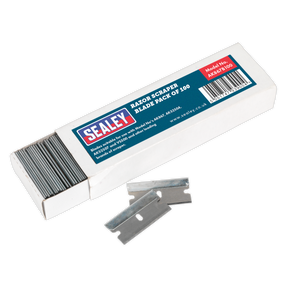 Box of Sealey Razor Scraper Blade Pack of 100 - AK867B100. The box is open, revealing multiple scraper blades stacked inside, with two placed in front. The box is labeled "Razor Scraper Blade Pack of 100 - AK867B100.