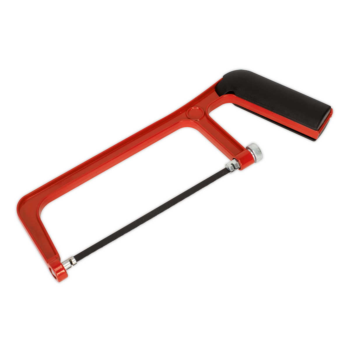 A Sealey Junior Hacksaw with Adjustable Blade 150mm - AK8680, featuring a red and black design, a metal blade, and a plastic handle with a rigid die-cast aluminium frame, isolated on a white background.