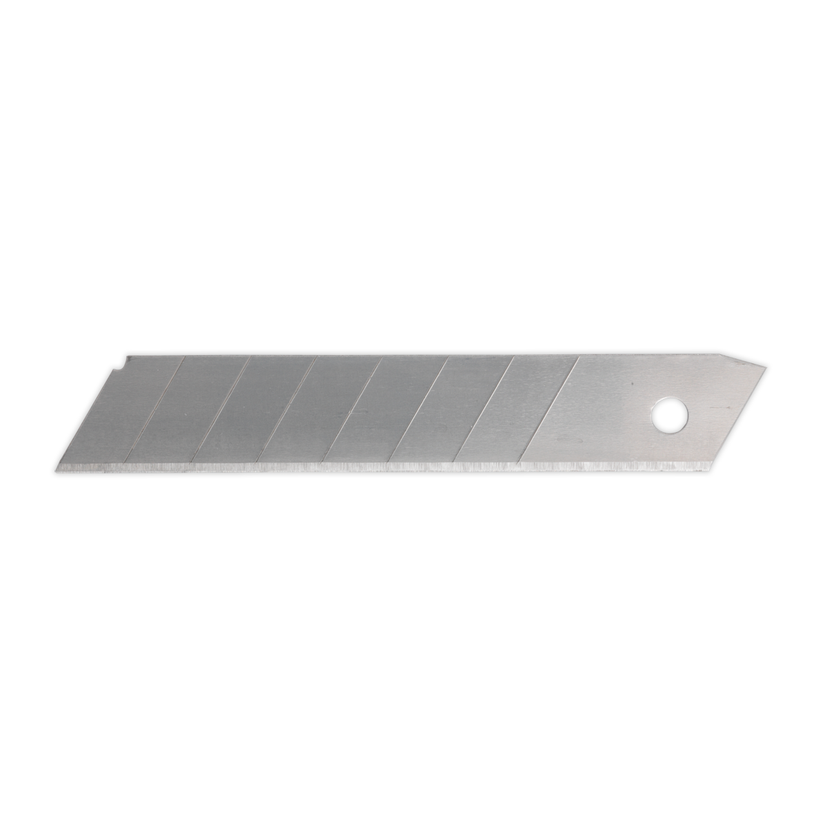 The Sealey Snap-Off Blade Pack of 10 - AK86R/B features utility knife blades with a silver finish and a hole near one end. These blades have a segmented edge for snap-off convenience, making them ideal for retractable snap-off knives.