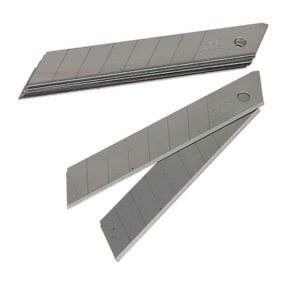 This Snap-Off Blade Pack of 10 - AK86R/B from Sealey includes stacked and separate utility knife blades with snap-off segments, featuring a hole for easy attachment. This pack ensures you always have a sharp edge ready to go with its retractable snap-off knives.